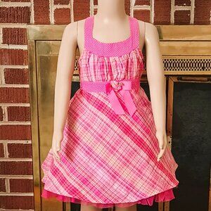 Jenny & Me Pink Plaid Dress 4 A Line Polka Dot Trim Tulle Hem Metallic Weaving